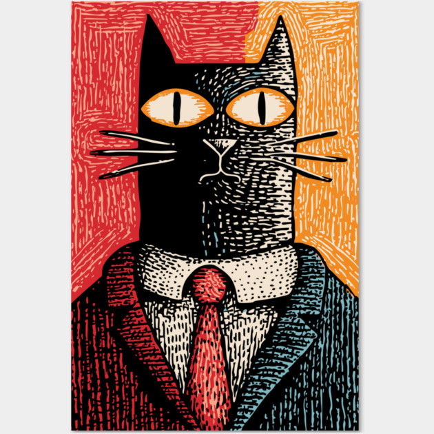 Sophisticated Dapper Cat in a Suit Illustration Wall Art by TuncGK