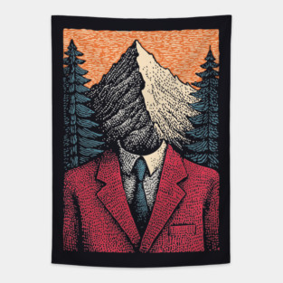 Surreal Mountain Head Man in Nature Illustration Tapestry