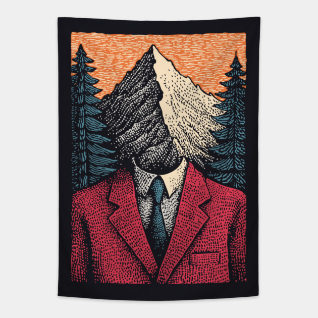 Surreal Mountain Head Man in Nature Illustration Tapestry by TuncGK