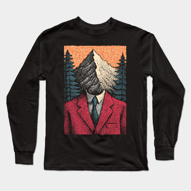 Surreal Mountain Head Man in Nature Illustration Long Sleeve T-Shirt by TuncGK