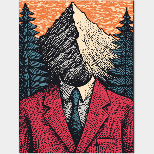 Surreal Mountain Head Man in Nature Illustration Wall Art by TuncGK