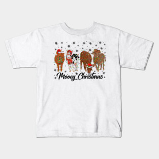 Mooey Christmas Highland Cow Christmas Tree Lights Xmas PJS Kids T-Shirt
