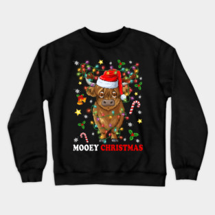 Mooey Christmas Highland Cow Christmas Tree Lights Xmas PJS Crewneck Sweatshirt