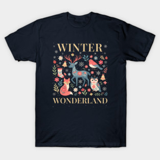 Winter Wonderland – Scandinavian Folk Art Reindeer Fox Owl Robin Christmas T-Shirt