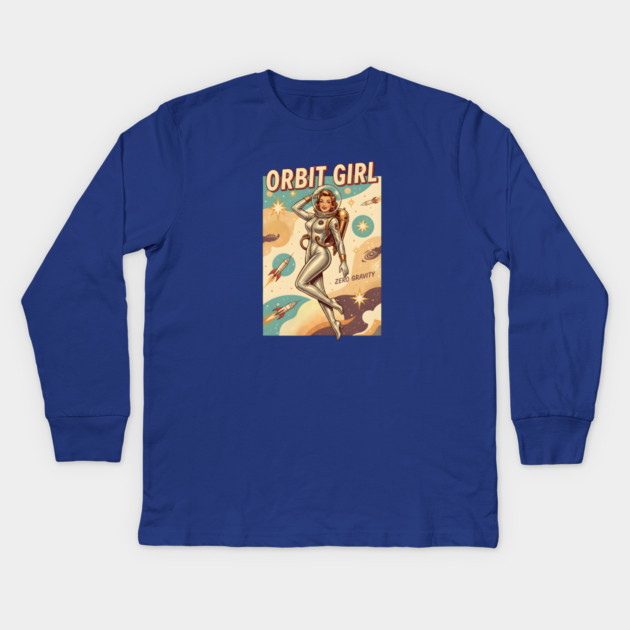 Retro Space Babe – 1950s Sci-Fi Pin-Up Astronaut “Orbit Girl” Kids Long Sleeve T-Shirt by Vintage Retro Prints by RDR Design