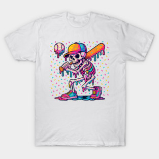 Colorful Skeleton Baseball Player Dripping Paint Style Activewear Graphic T-Shirt