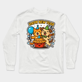 Cat Dog Duo Celebration – Cute Friendship Party Design Long Sleeve T-Shirt