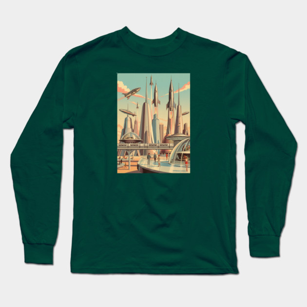 Dreams of Tomorrow – 1950s Retro Futuristic Sci-Fi City Long Sleeve T-Shirt by Vintage Retro Prints by RDR Design