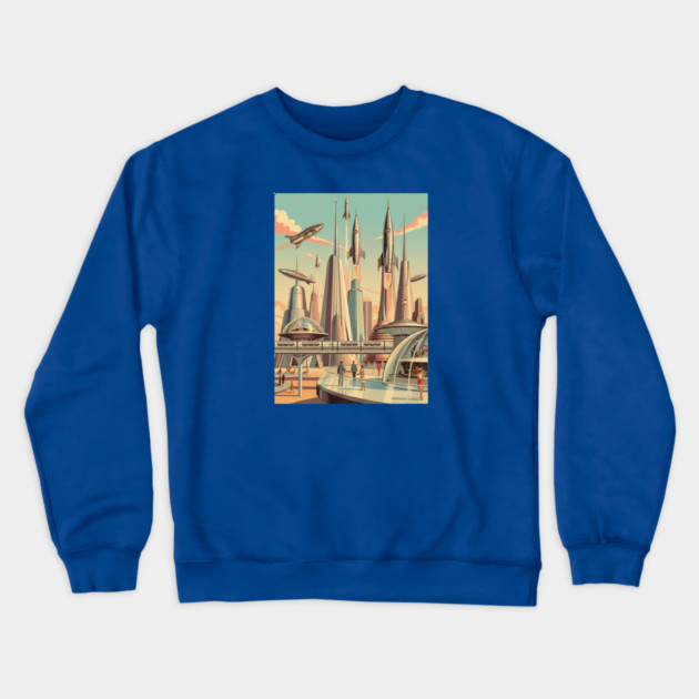 Dreams of Tomorrow – 1950s Retro Futuristic Sci-Fi City Crewneck Sweatshirt by Vintage Retro Prints by RDR Design
