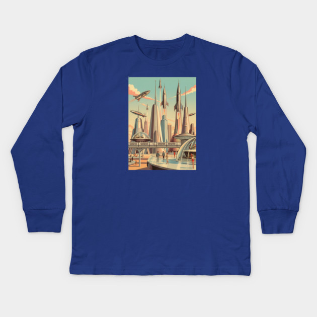 Dreams of Tomorrow – 1950s Retro Futuristic Sci-Fi City Kids Long Sleeve T-Shirt by Vintage Retro Prints by RDR Design