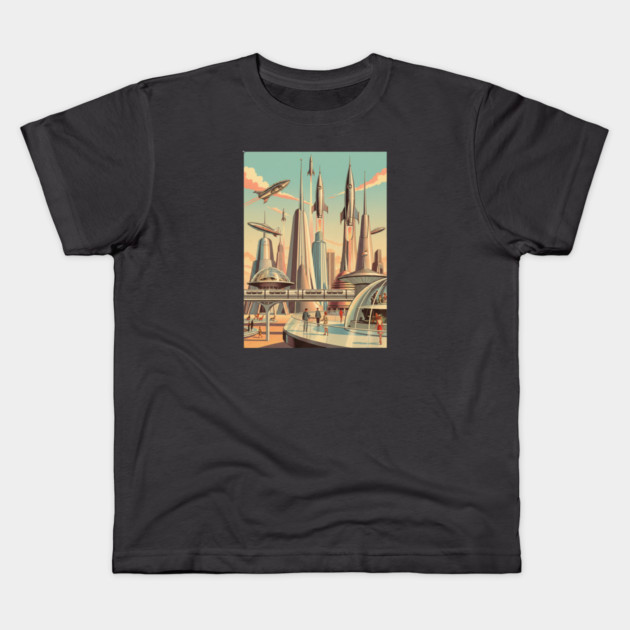 Dreams of Tomorrow – 1950s Retro Futuristic Sci-Fi City Kids T-Shirt by Vintage Retro Prints by RDR Design