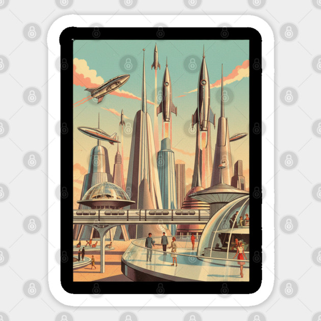 Dreams of Tomorrow – 1950s Retro Futuristic Sci-Fi City Sticker by Vintage Retro Prints by RDR Design