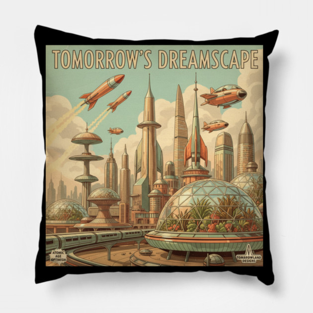 Retro Futuristic Cityscape – 1950s Sci-Fi Vision Pillow by Vintage Retro Prints by RDR Design