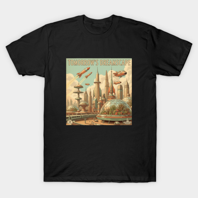 Retro Futuristic Cityscape – 1950s Sci-Fi Vision T-Shirt by Vintage Retro Prints by RDR Design