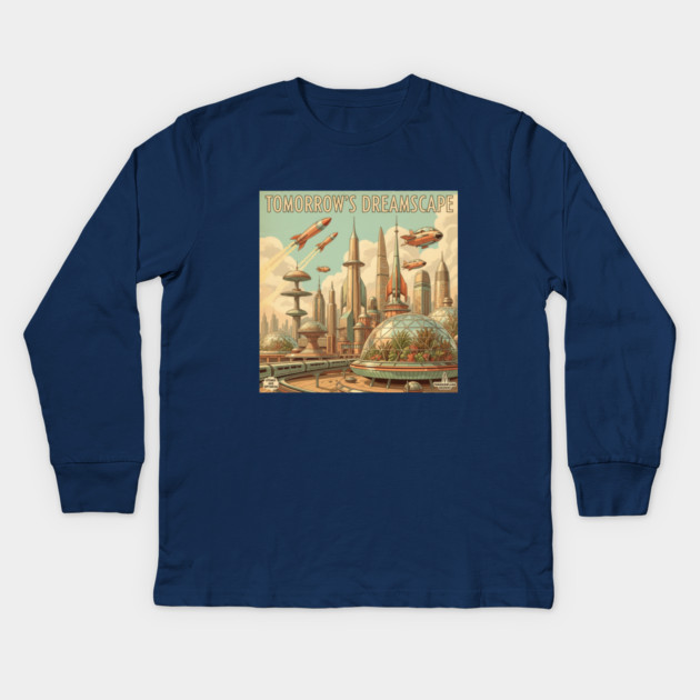 Retro Futuristic Cityscape – 1950s Sci-Fi Vision Kids Long Sleeve T-Shirt by Vintage Retro Prints by RDR Design