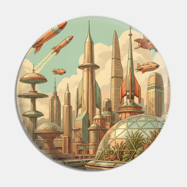 Retro Futuristic Cityscape – 1950s Sci-Fi Vision Pin by Vintage Retro Prints by RDR Design