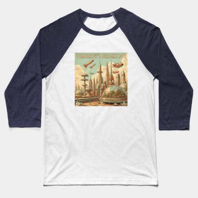 Retro Futuristic Cityscape – 1950s Sci-Fi Vision Baseball T-Shirt by Vintage Retro Prints by RDR Design