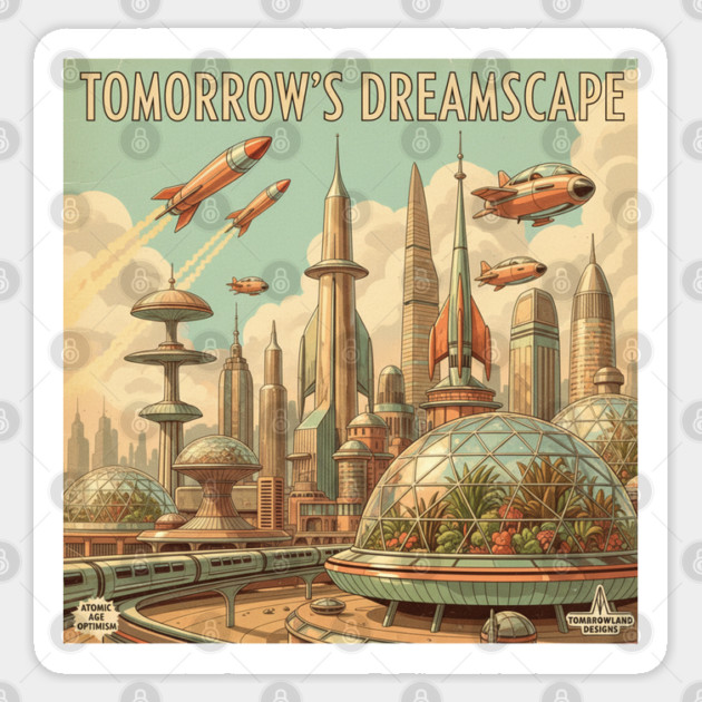 Retro Futuristic Cityscape – 1950s Sci-Fi Vision Sticker by Vintage Retro Prints by RDR Design