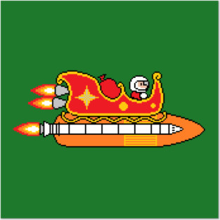 8-bit Christmas Santa Rocket Sleigh Posters and Art