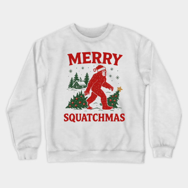 Merry Squatchmas - Bigfoot and Christmas Tree Crewneck Sweatshirt by Creatifly Graphic Tees