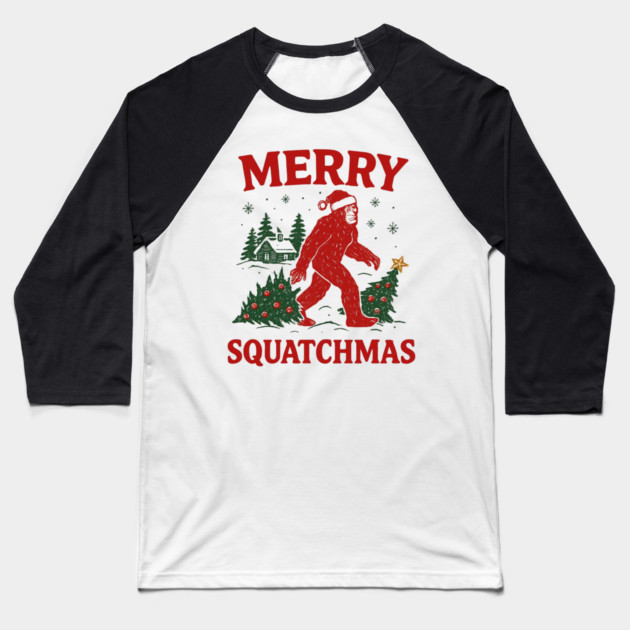 Merry Squatchmas - Bigfoot and Christmas Tree Baseball T-Shirt by Creatifly Graphic Tees