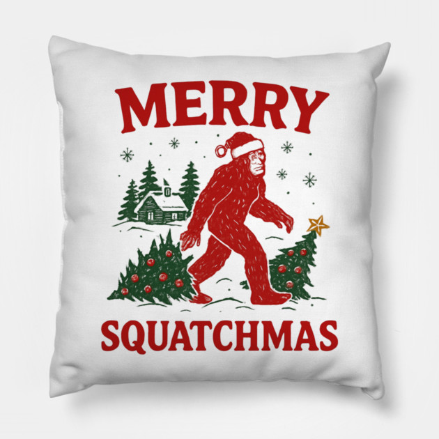 Merry Squatchmas - Bigfoot and Christmas Tree Pillow by Creatifly Graphic Tees
