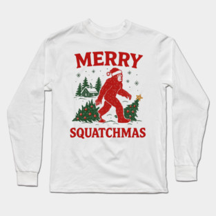 Merry Squatchmas - Bigfoot and Christmas Tree Long Sleeve T-Shirt