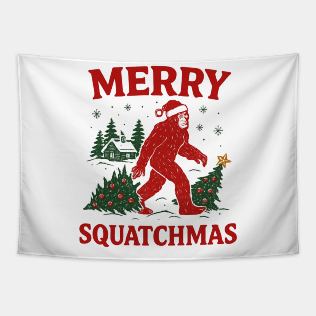 Merry Squatchmas - Bigfoot and Christmas Tree Tapestry by Creatifly Graphic Tees