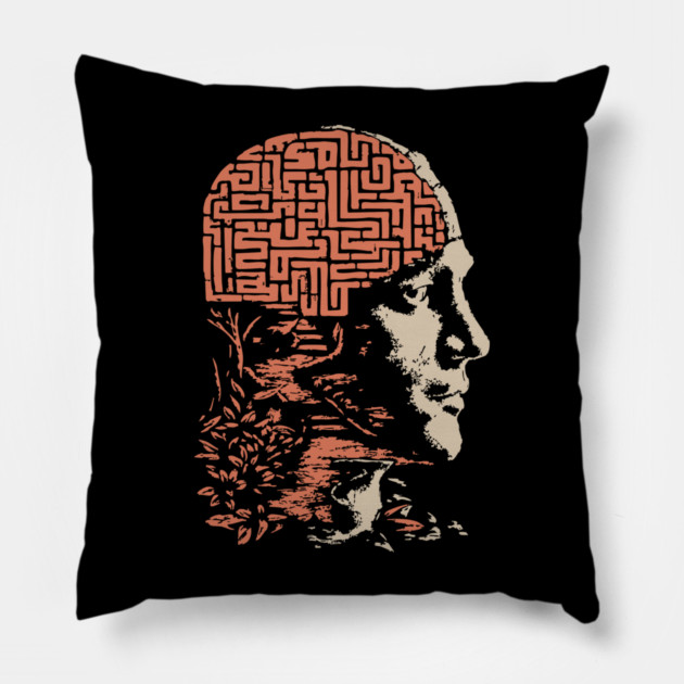 Labyrinth of the Mind - Retro Philosophical Psychology Art Pillow by TuncGK