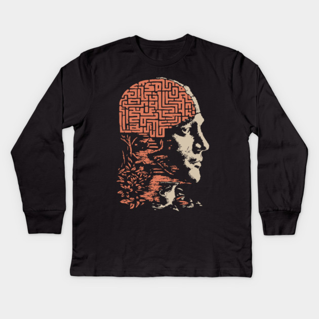 Labyrinth of the Mind - Retro Philosophical Psychology Art Kids Long Sleeve T-Shirt by TuncGK