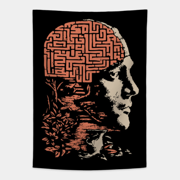 Labyrinth of the Mind - Retro Philosophical Psychology Art Tapestry by TuncGK