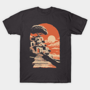 Mediterranean Village on the Coast - Vintage Greek Island Travel Art T-Shirt
