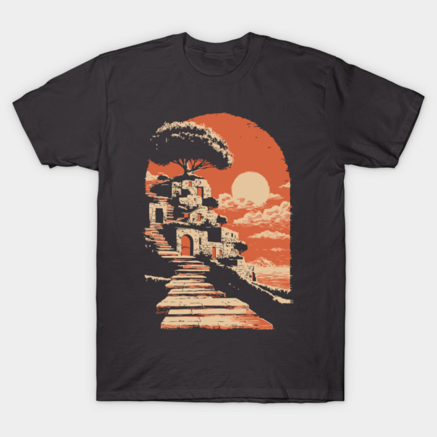 Mediterranean Village on the Coast - Vintage Greek Island Travel Art T-Shirt by TuncGK