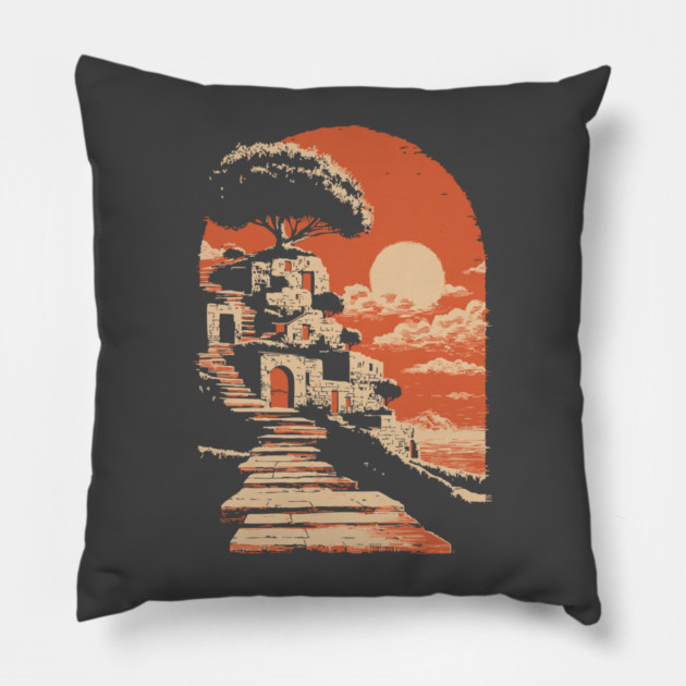 Mediterranean Village on the Coast - Vintage Greek Island Travel Art Pillow by TuncGK