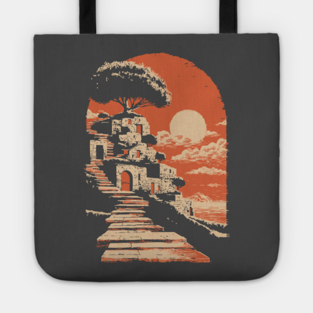 Mediterranean Village on the Coast - Vintage Greek Island Travel Art Tote by TuncGK