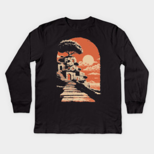 Mediterranean Village on the Coast - Vintage Greek Island Travel Art Kids Long Sleeve T-Shirt