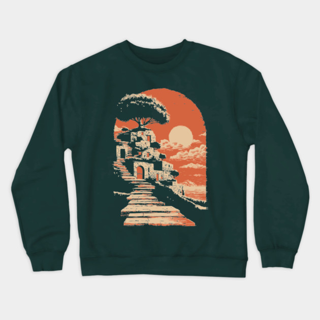 Mediterranean Village on the Coast - Vintage Greek Island Travel Art Crewneck Sweatshirt by TuncGK