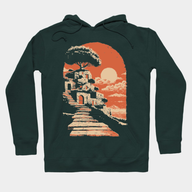 Mediterranean Village on the Coast - Vintage Greek Island Travel Art Hoodie by TuncGK