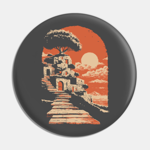 Mediterranean Village on the Coast - Vintage Greek Island Travel Art Pin by TuncGK