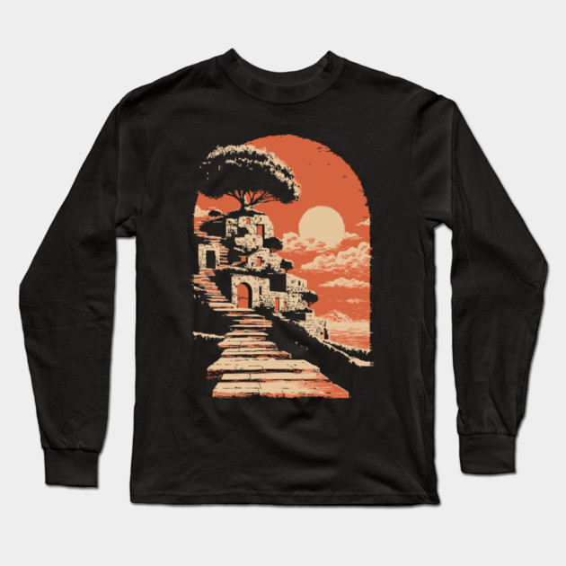 Mediterranean Village on the Coast - Vintage Greek Island Travel Art Long Sleeve T-Shirt by TuncGK