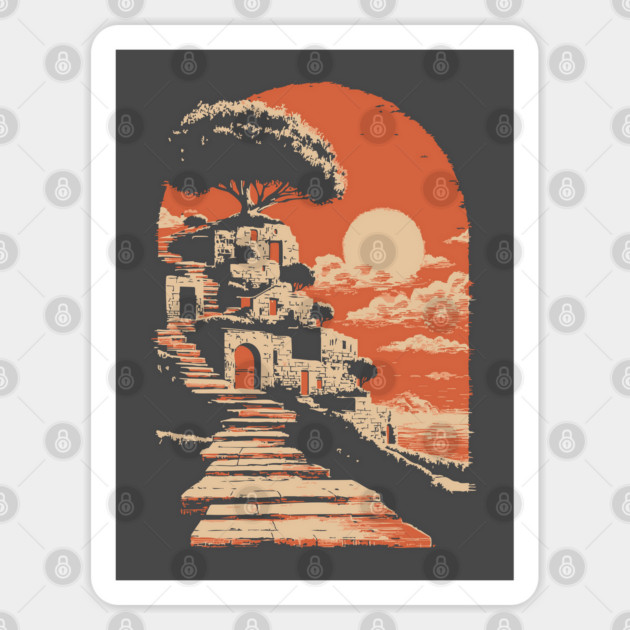 Mediterranean Village on the Coast - Vintage Greek Island Travel Art Sticker by TuncGK