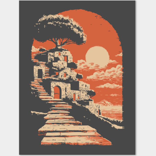 Mediterranean Village on the Coast - Vintage Greek Island Travel Art Wall Art by TuncGK