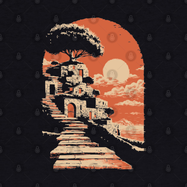 Mediterranean Village on the Coast - Vintage Greek Island Travel Art by TuncGK