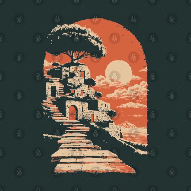 Mediterranean Village on the Coast - Vintage Greek Island Travel Art by TuncGK