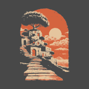 Mediterranean Village on the Coast - Vintage Greek Island Travel Art T-Shirt