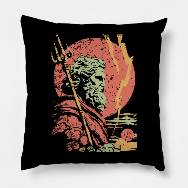 God of the Sea Poseidon - Retro Greek Mythology Art Pillow by TuncGK