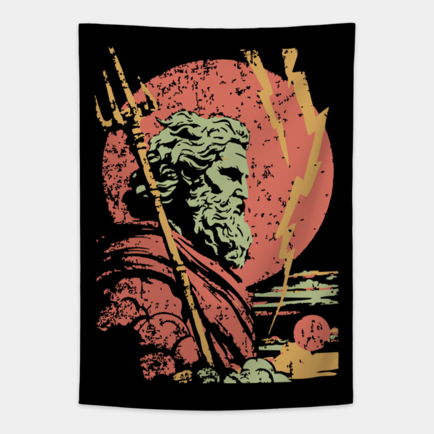 God of the Sea Poseidon - Retro Greek Mythology Art Tapestry by TuncGK