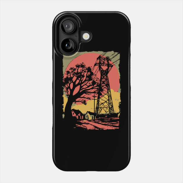 Rural Power Lines at Sunset - Retro Industrial Landscape Art Phone Case by TuncGK