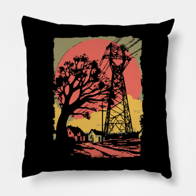 Rural Power Lines at Sunset - Retro Industrial Landscape Art Pillow by TuncGK