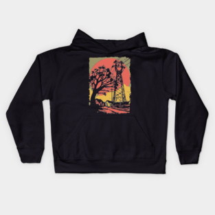 Rural Power Lines at Sunset - Retro Industrial Landscape Art Kids Hoodie